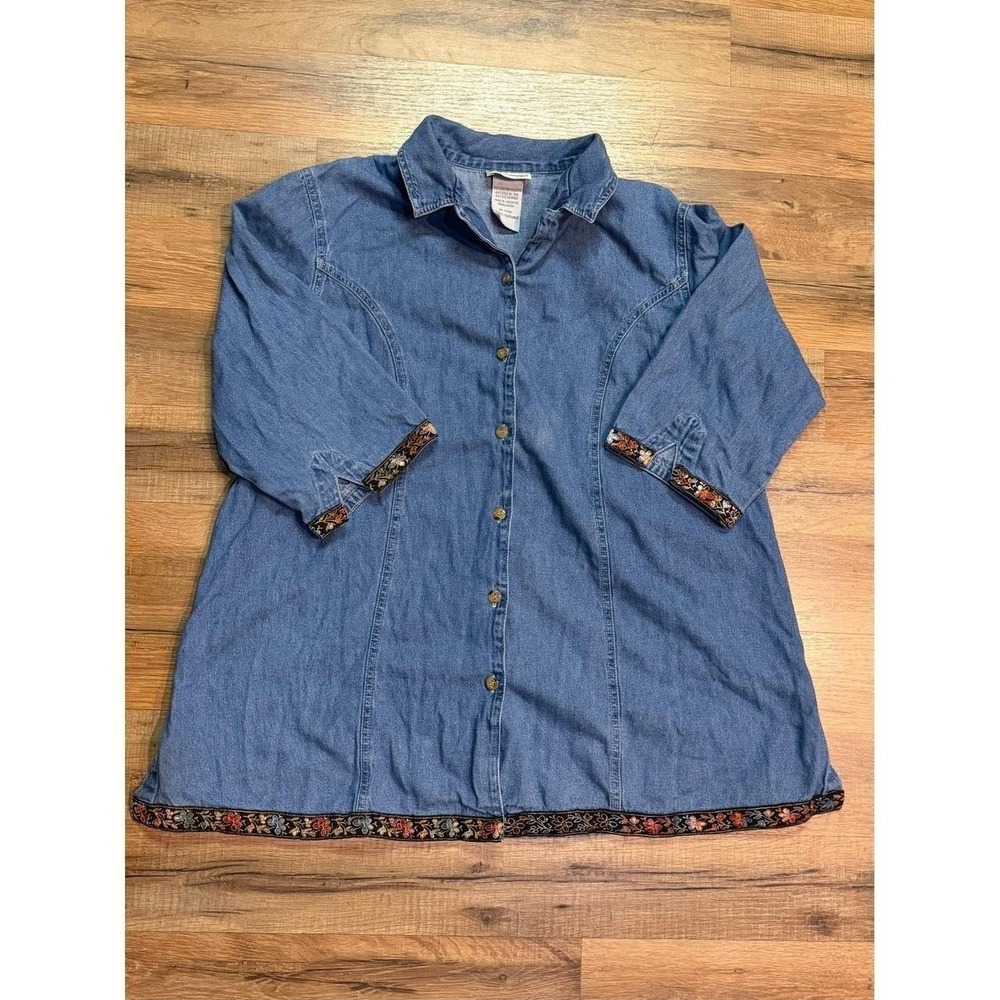 Vintage Oh Mama Denim Hand Embroidered Tunic Button Top 3/4 Sleeve Boho Artsy - Picture 1 of 8